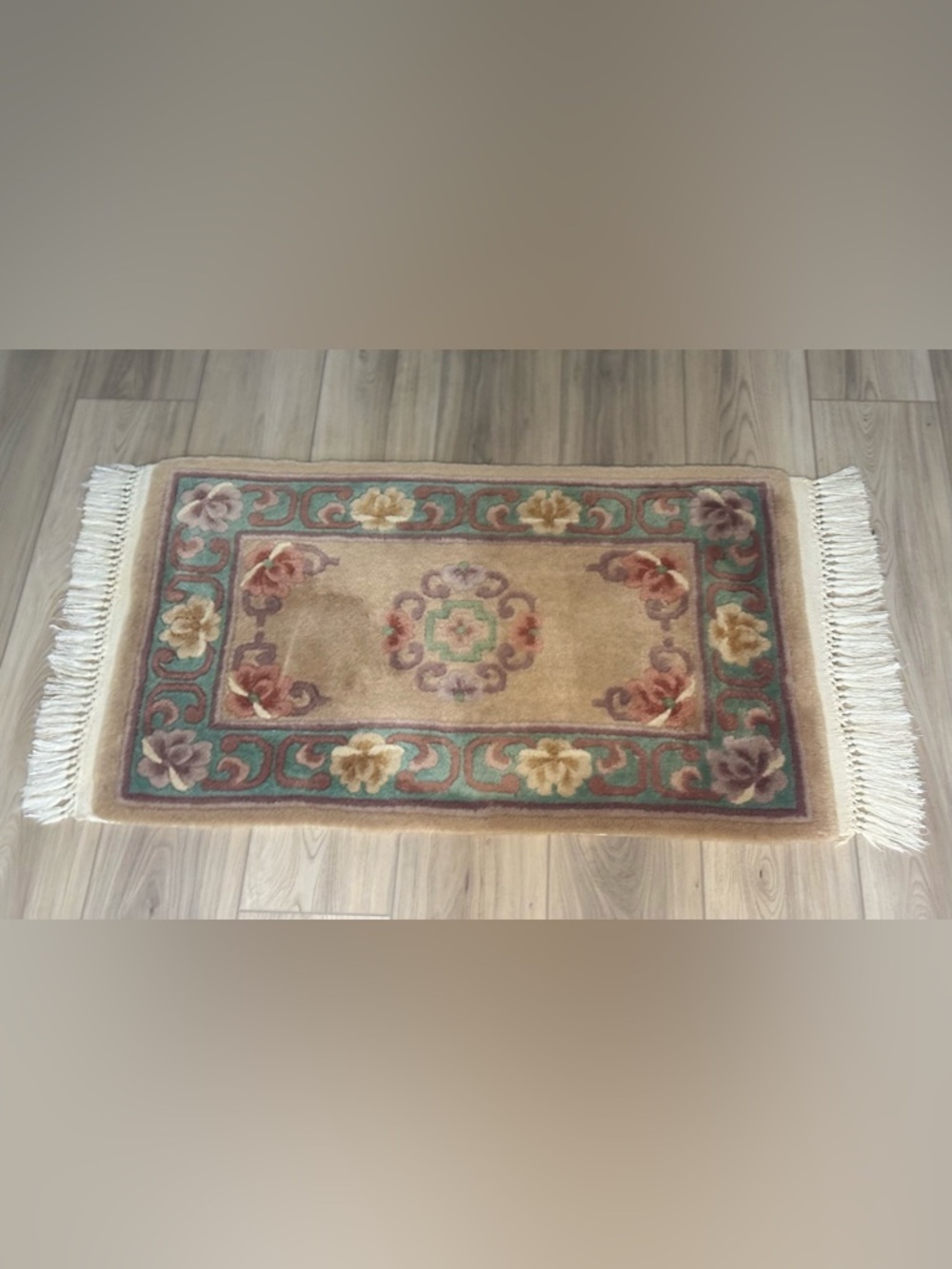SOLD! - Trans‑Ocean Hand‑Carved Wool Accent Rug | 2x3 | Floral Border | Vintage - Picture 3 of 12
